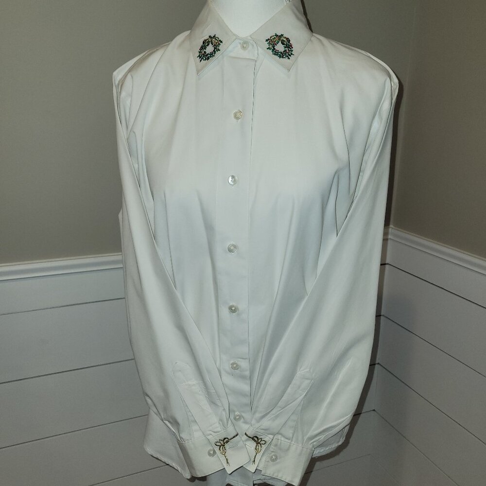 Talbots Christmas White Shirt with Wreaths on Collar-Size S